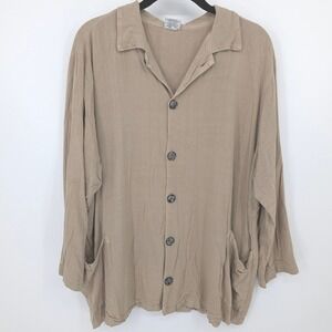CP Shades Button Up Top Womens Medium Tan Rayon Long Sleeve Pockets Lagenlook